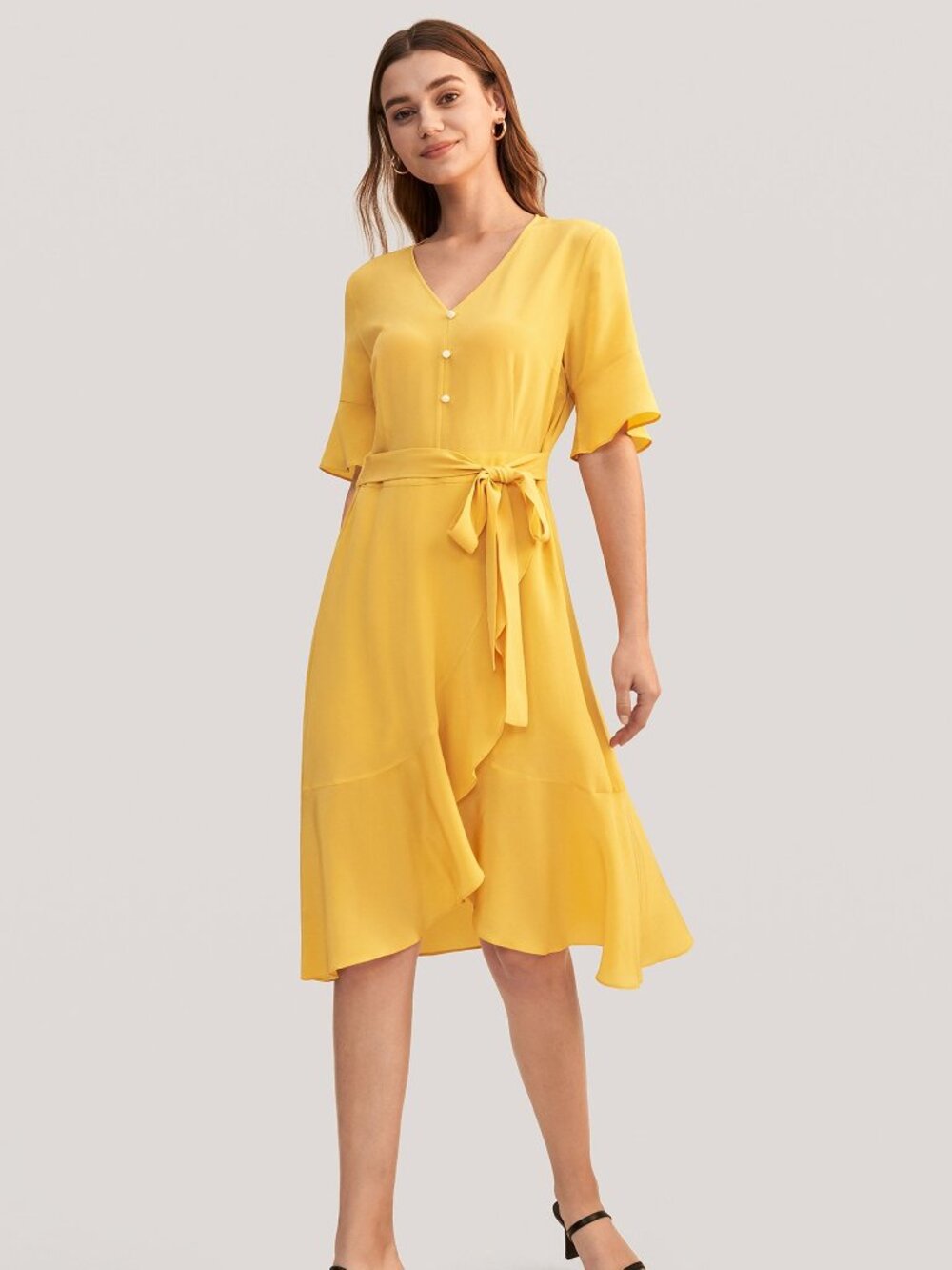 Lilysilk LIKE NEW Ruffle Trim V Neck Silk Dress Size Small